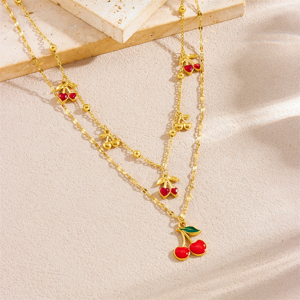 Edelstahl Rote Kirsche Strass Doppelschicht Halskette Für Frauen Neue Mode Trend Hals Kette Schmuck Party Geschenk