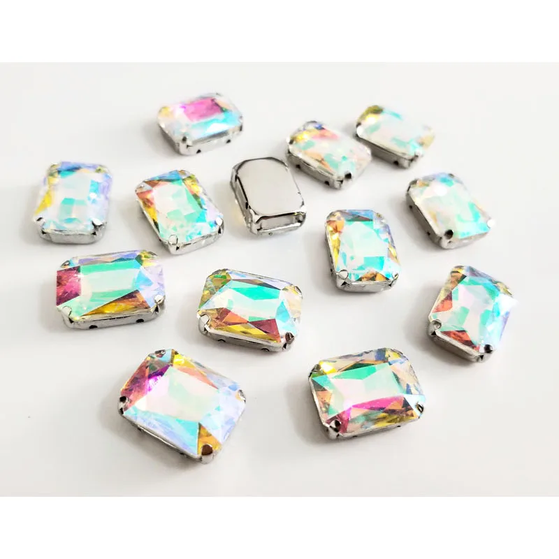 Super beauty AB color Rectangle octagonal shape High quality Glass Crystal sew on claw rhinestones sewing accessories20pcs/pack