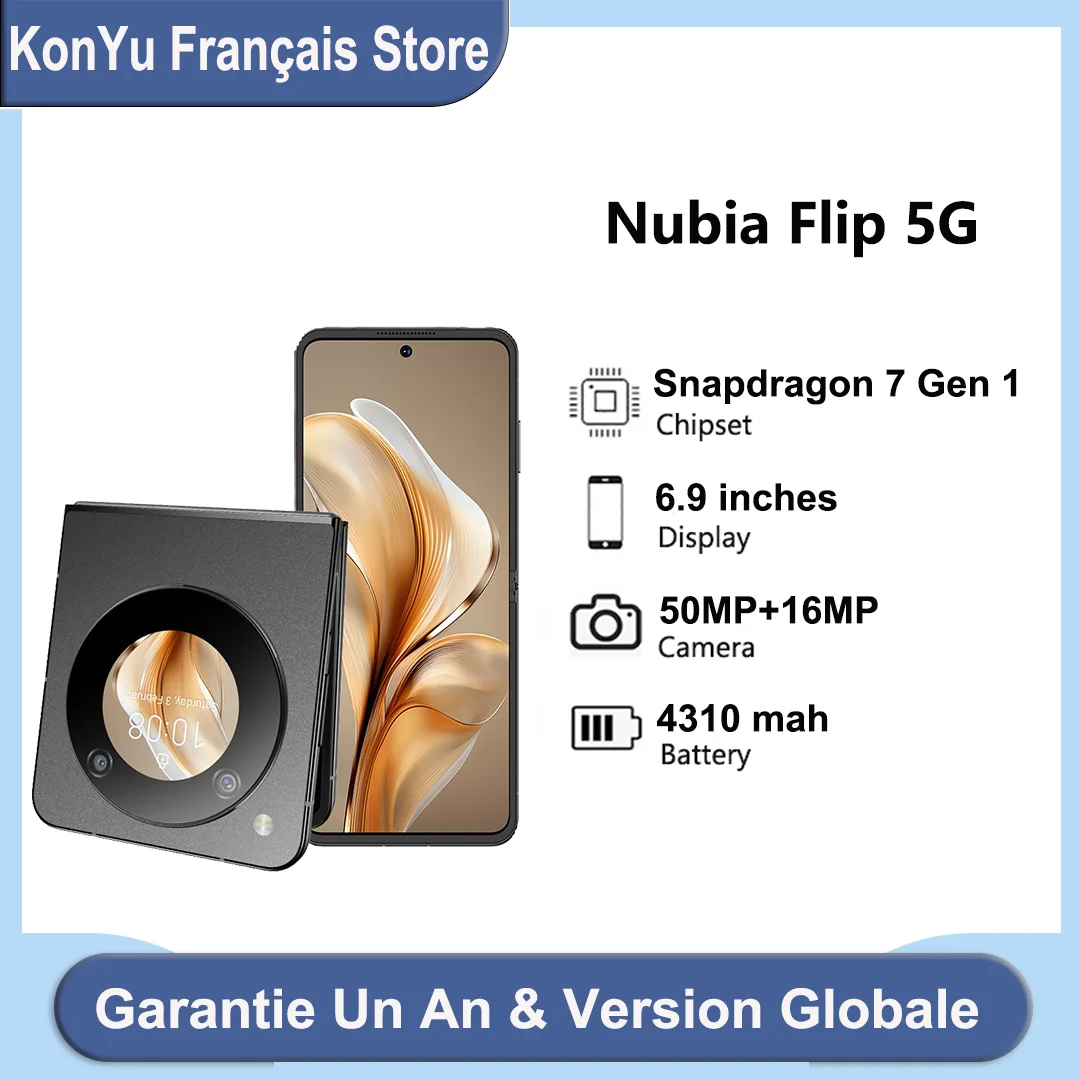 Nubia Flip,Version globale,6.9 pouces,Snapdragon 7 Gen 1,4310 mAh,Charge 33W,NFC,8 Go de RAM,ROM de