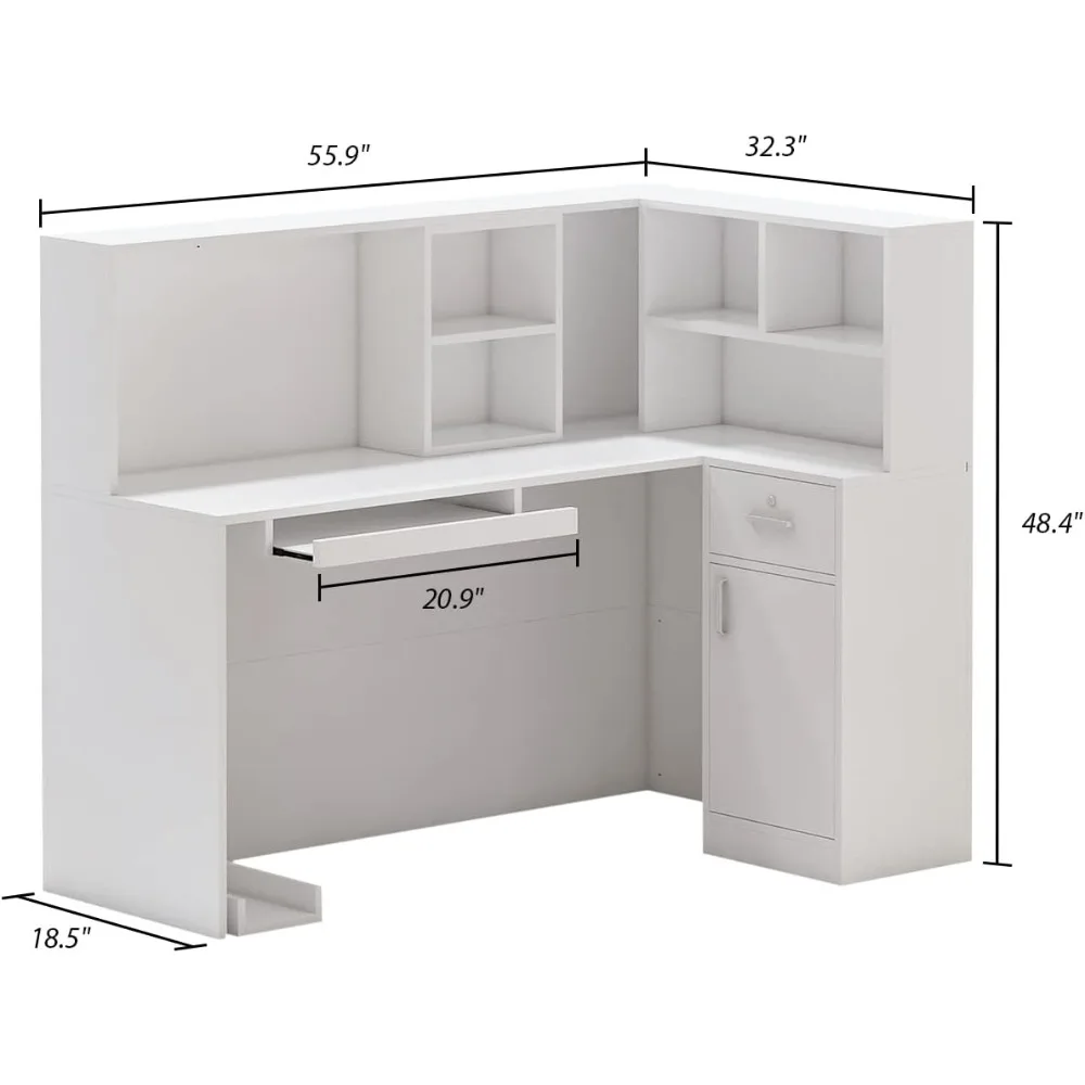 L Shape Reception Table with Open Shelf & Drawers, Wooden Computer Desk for Office Reception Room, White