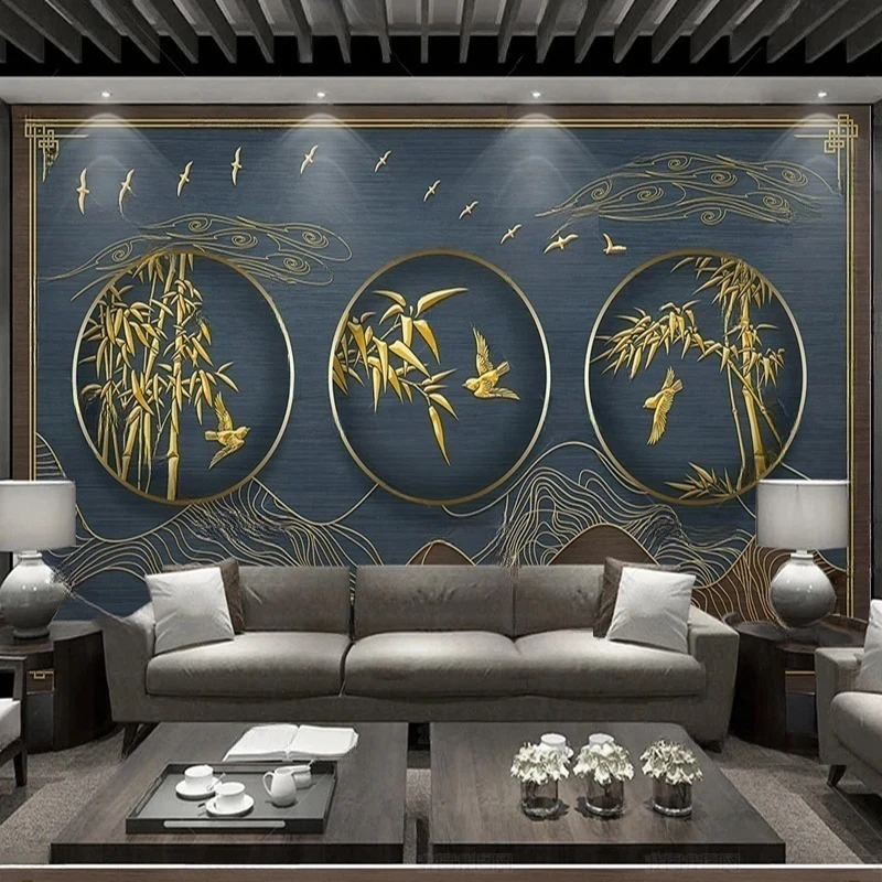 MU8746 New Chinese-style light luxury relief line landscape, bamboo forest, bamboo flying birds decorative background wall