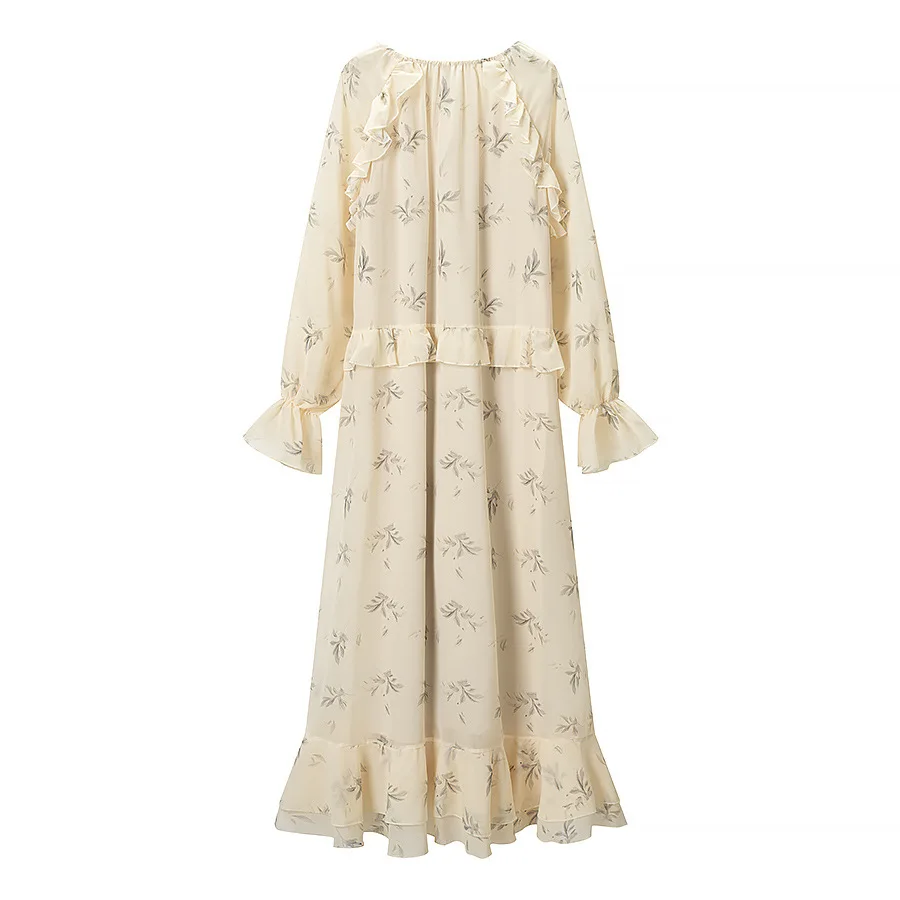 French Style Retro Print Ruffles Dress Women's Trend Temperament Pleated Lace Up Long Sleeve Dresses Loose Fashion Long Dress
