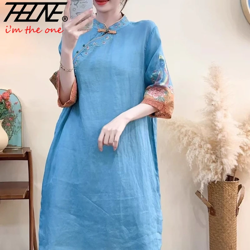 

THHONE Summer Women Shirts Blouses Embroidered Stand Collar Loose Print Vintage Casual Long Skirt Chinese Half Sleeve Clothing
