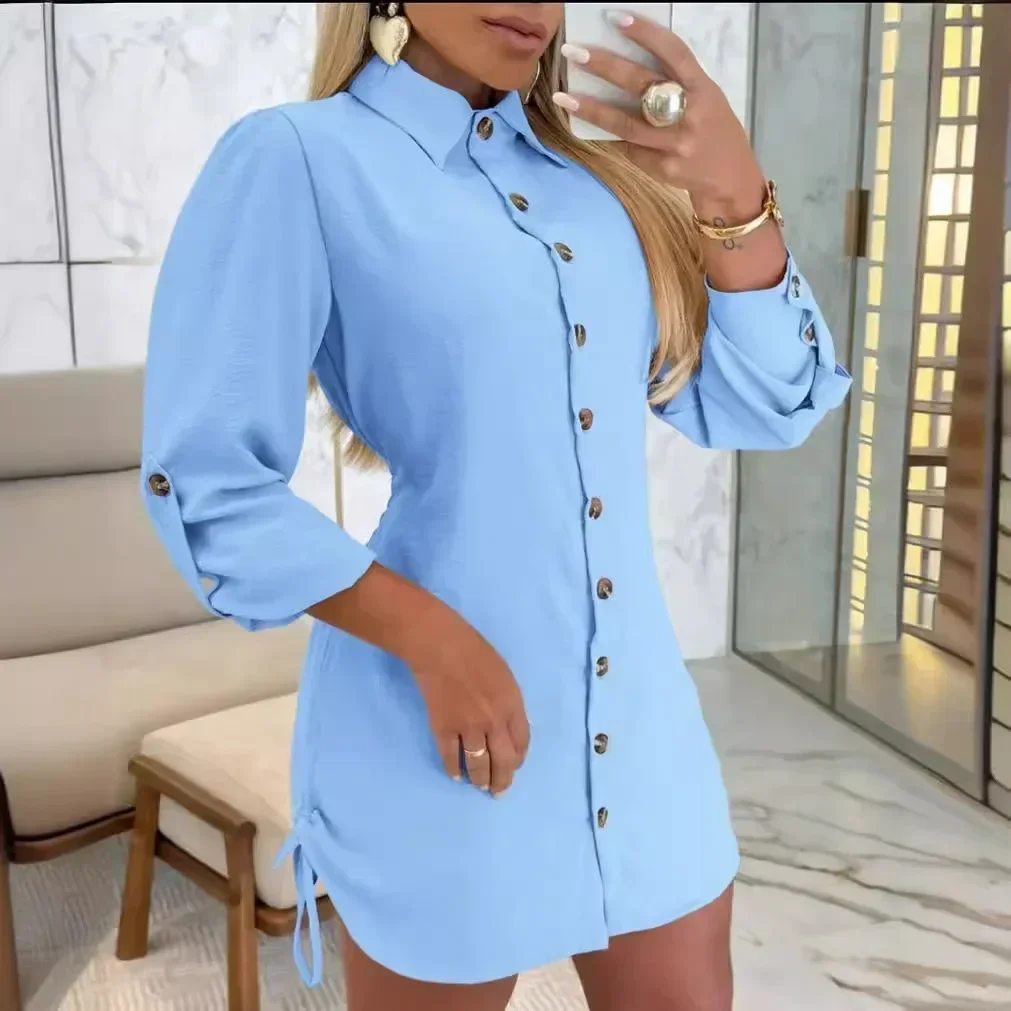 Women Shirt Dress Lapel Collar Front Buttons Long Sleeve Side Drawstring Solid Casual Mini Dress