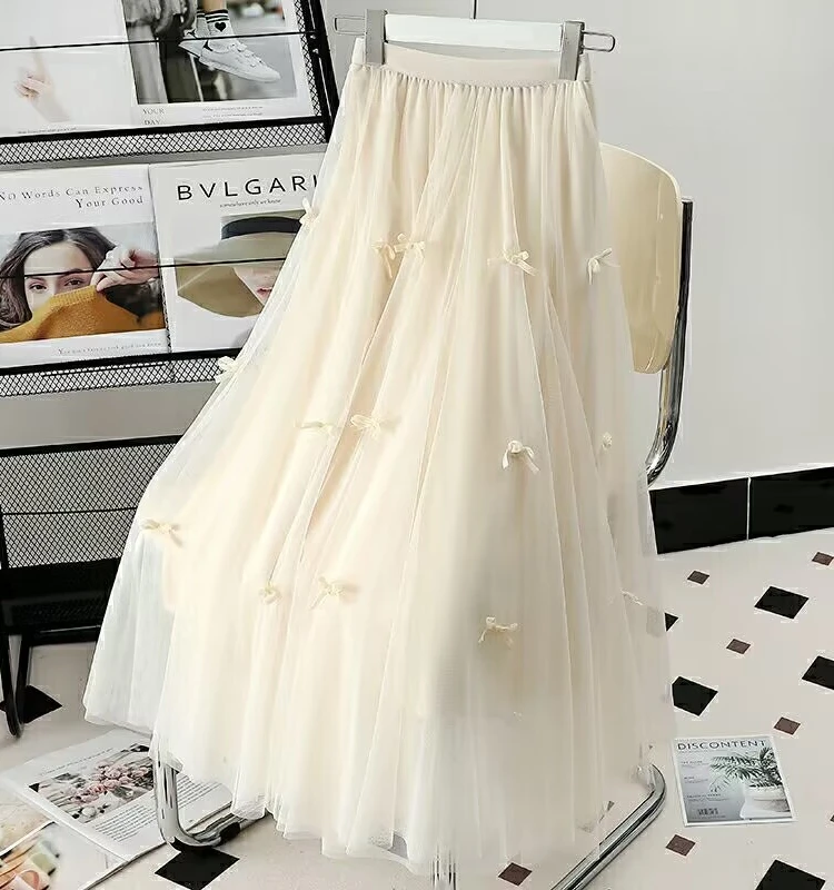 

New High-end Butterfly Knot Mesh Skirt Gauze Skirt for Women Mid to Long Length Autumn Spring Umbrella Skirt A-line Skirt