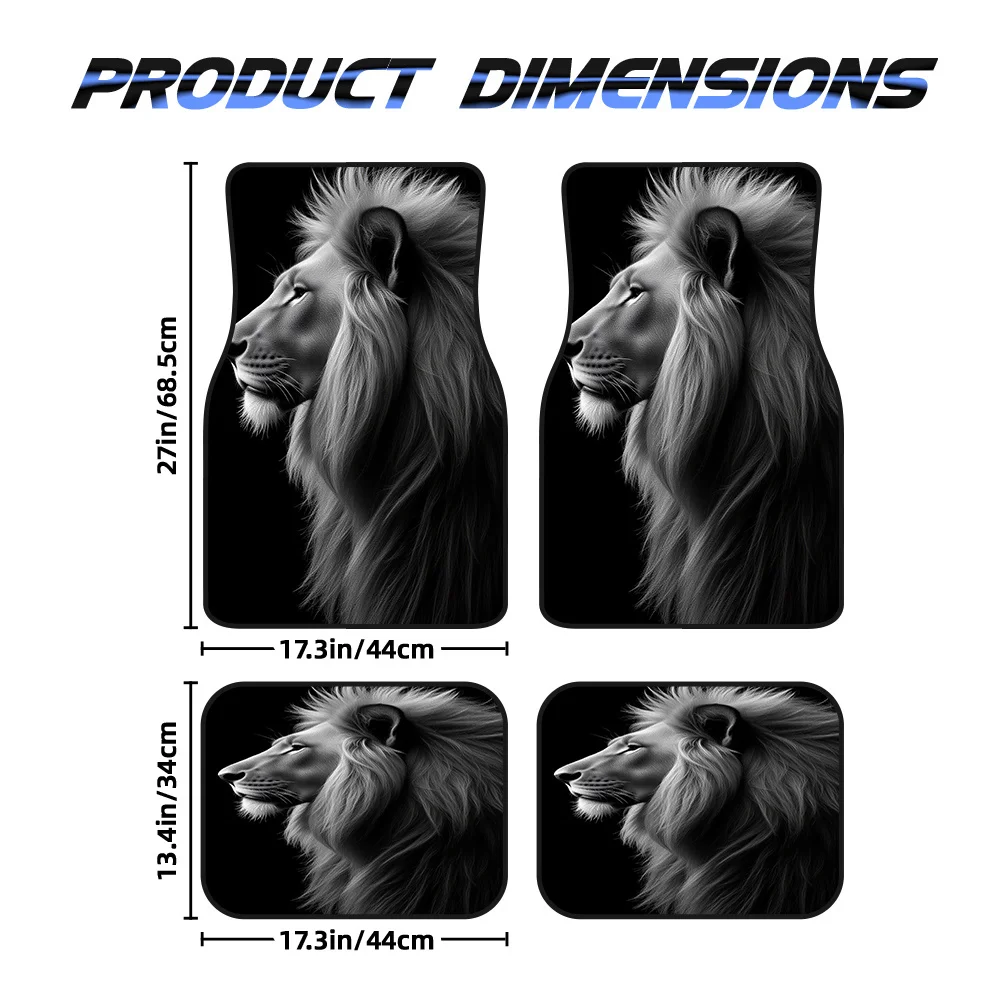 4pcs Lion Portrait Floor Mats - Black & White Majestic Lion Design, Durable Polyester, Fit For SUVs & Sedans, Easy-Clean Surface
