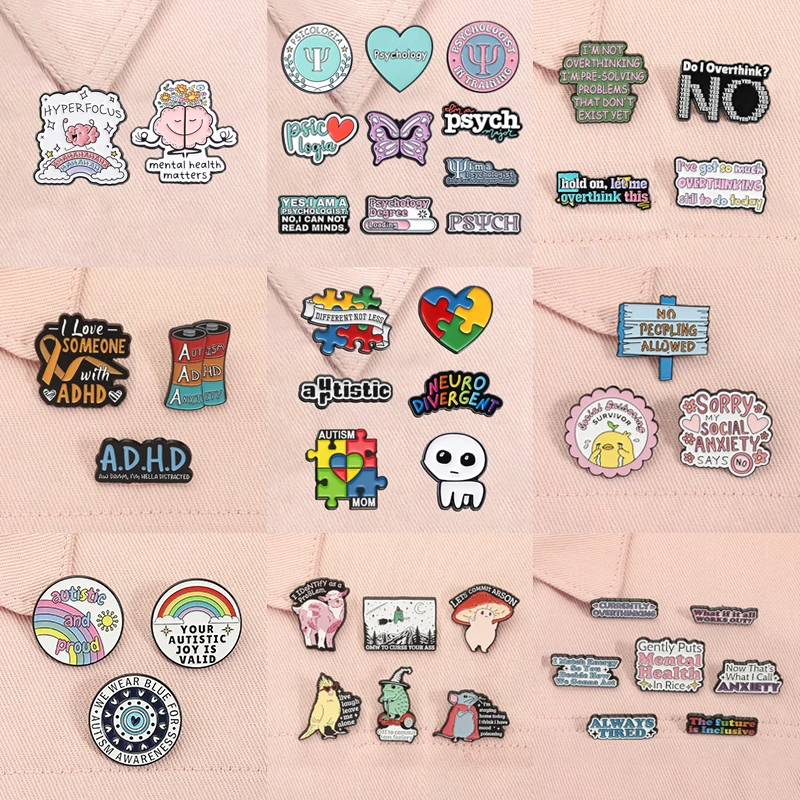 2-10pcs/set ADHD Mental Health Enamel Pins Psicologia Social Anxiety Overthinking Introverted Brooches Lapel Badge Jewelry Gifts
