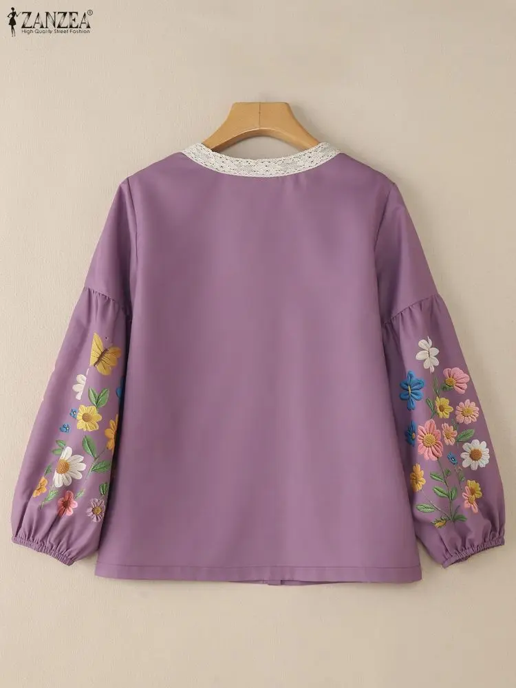2025年秋 花柄プリントシャツ ZANZEA レディース カジュアル Oネック 長袖トップス レーストリムブラウス ヴィンテージ風ワークブラウス オーバーサイズ