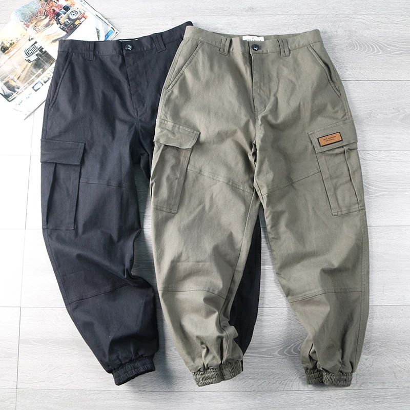 

Classic Japanese Sle Retro Trendy Men's Cotton Elastic Waist Multi-ket Work Pants Autumn Long Straight Leg Casual Trousers