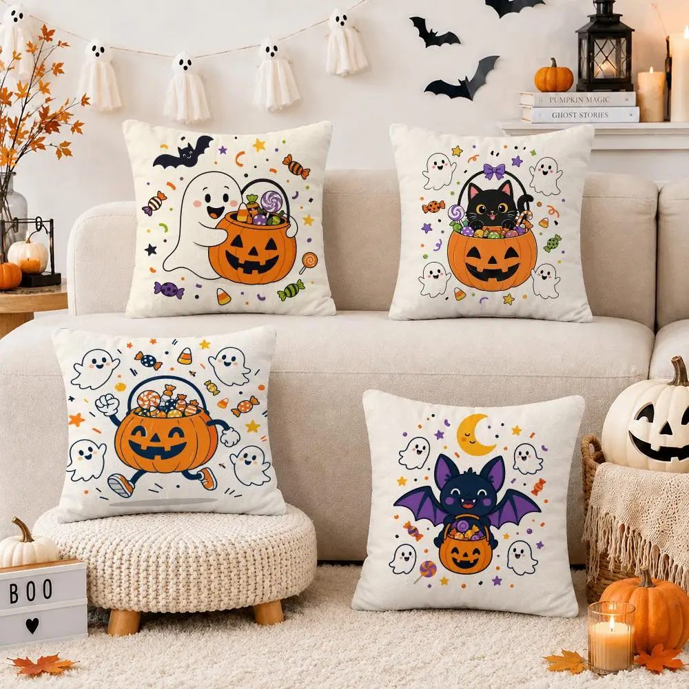 Happy Halloween Pumpkin Cushion Cover Short Plush Double Sided Printed Soft Pillow Case Home Sofa Decor Festival Gifts