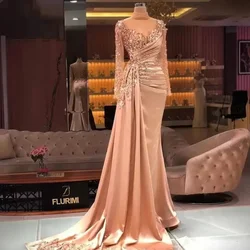 Champagne Powder Luxury Evening Dresses Mermaid High Neck Long Sleeves Appliques Beaded Long Turkey Saudi Arabic Prom Dresses