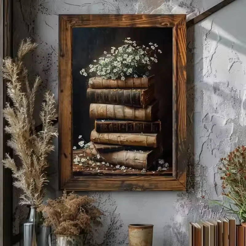 Vintage Bookstore Canvas Painting Dark Academia Floral Witchy Book Flower Poster Bookish Wall Art for Library Room Home Decor
