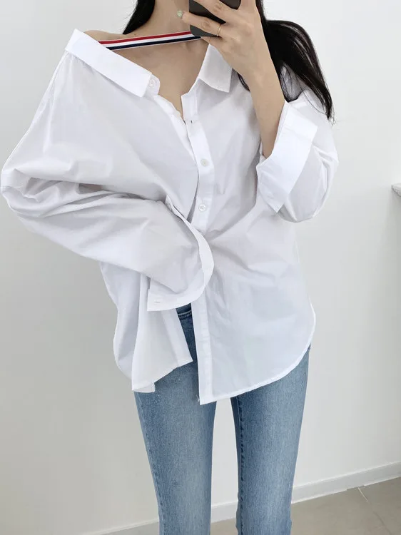 

Chic Early Autumn Loose Fit Long Sve irt Women's Double Collar Color Blo Stripe Design Front Ba Wear Single Button