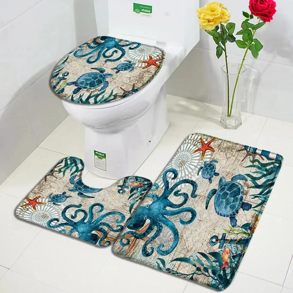 Ocean Animal Bath Mat Set Sea Turtle Octopus Seahorse Seaweed Vintage Nautical Map Bathroom Decor Non-Slip Rugs Toilet Lid Cover