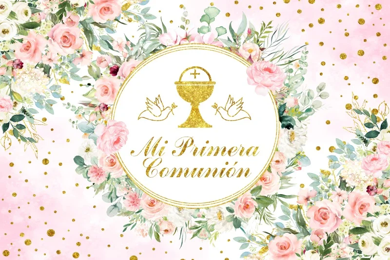 Mi Primera Comunión Pink Floral Gold Grail Dove Gold Cross Mi Bautizo Photo Background First Holy Communion Photography Backdrop