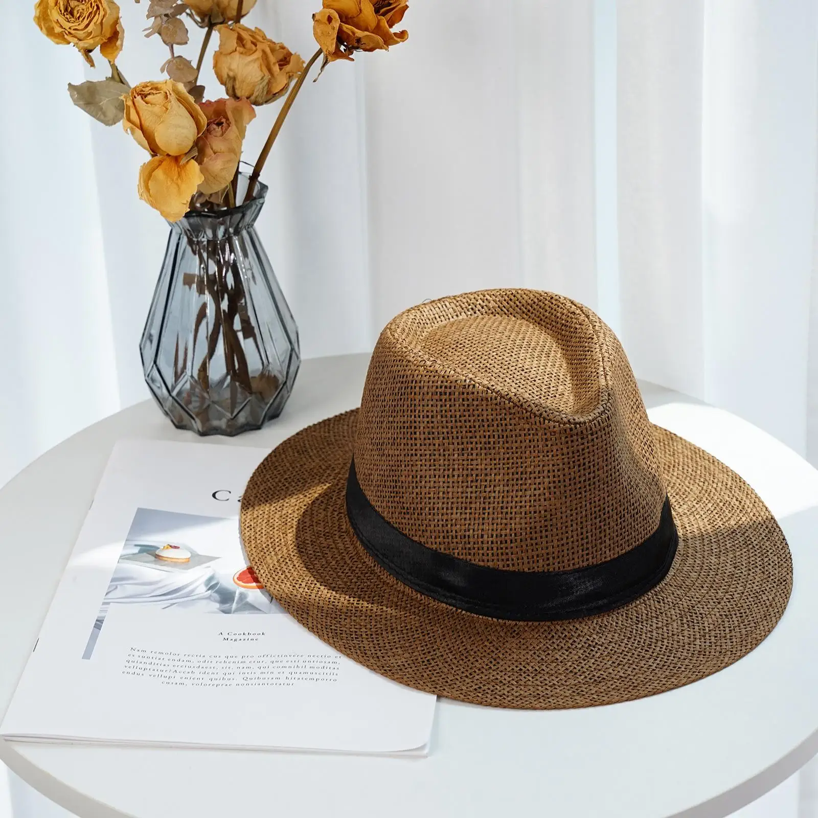 Fashion Men Natural Panama Straw Hat Summer Trendy Beach Sun Hats Solid Color Fedoras Ribbon Casual Cowboy Jazz Cap Gangster Cap