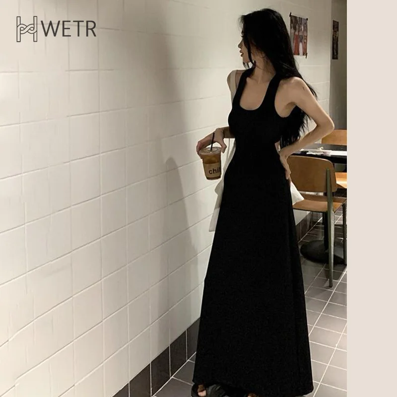 U-neck Black Camisole Dresses Women's Summer Hollow-out Wrapped Long Dress