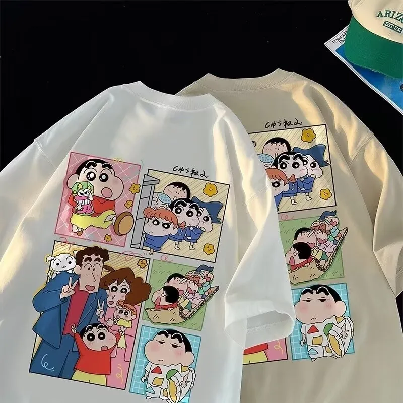 Crayon Shin Chan Family & Friends Grid Print T Shirt Men Women Oversized Cute Cartoon Short Sleeve Casual Tee