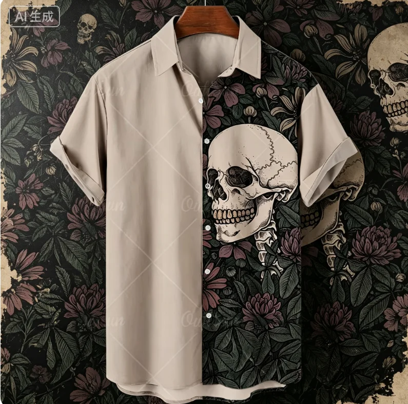 Summer Hawaiian Skull Men's Korean Floral Casual Shirt Short Sleeve Harajuku Digital 3d Print Oversized Imported Clothing