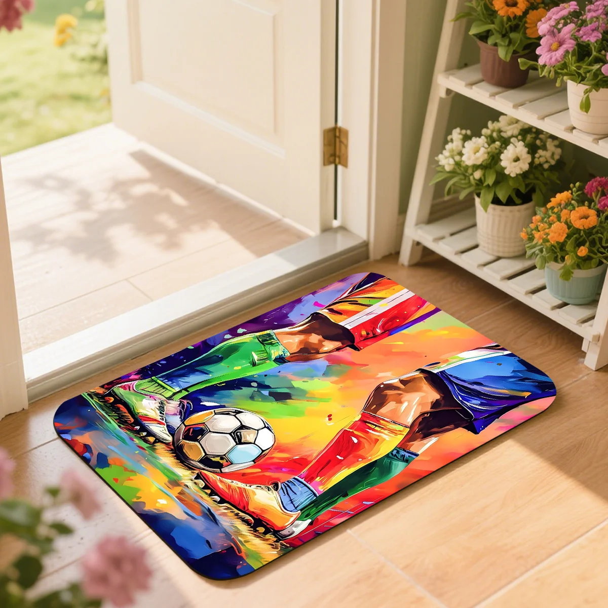 Colorful Soccer Football Doormat - Abstract Sports Art Entry Rug, Player Action Floor Mat, Non-Slip, Multiple Sizes