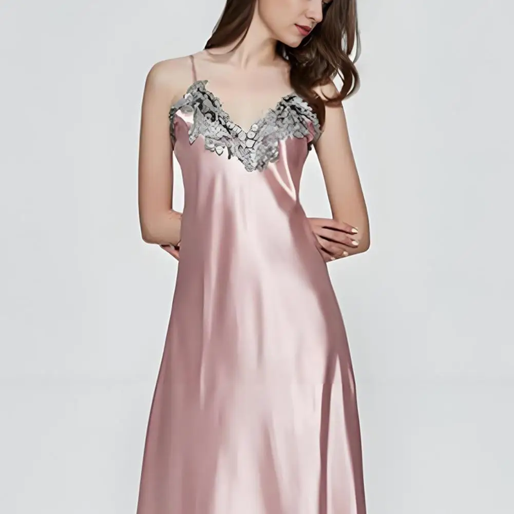 

Women's Nightdress Lace Trim Satin Nightgowns Sexy Lingerie Long Chemise Sleepwear V Neck Backless Silk Sleep Dress