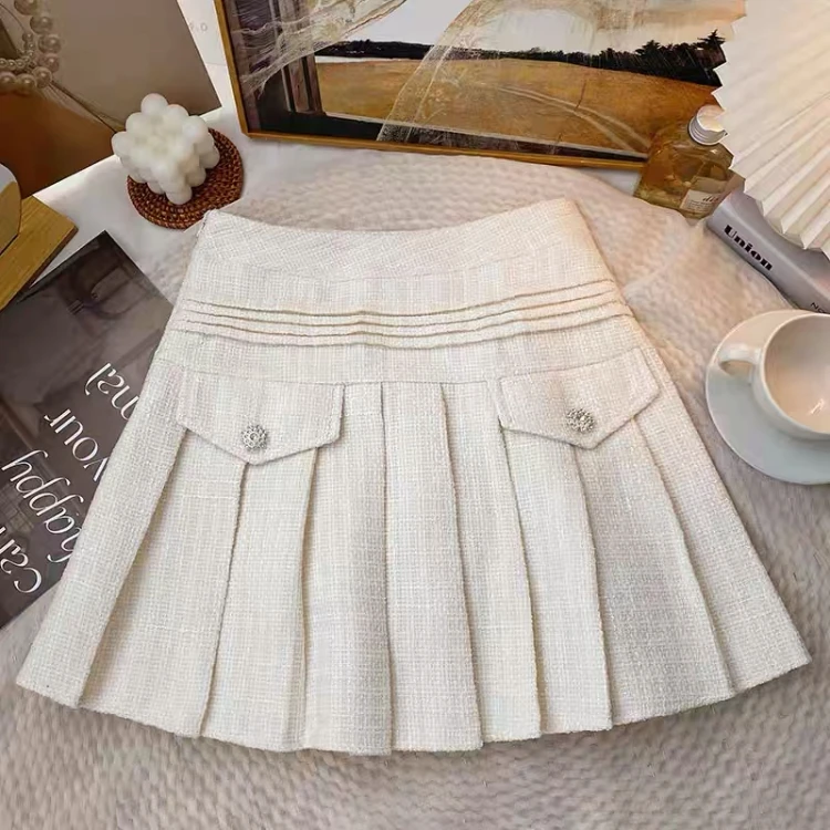 

Одноцветные сексуальные Клубные твидовые плиссированные короткие юбки для женщин с высокой талией тонкие юбки осень зима 2023 шерсть мини юбка Корейская Универсальная