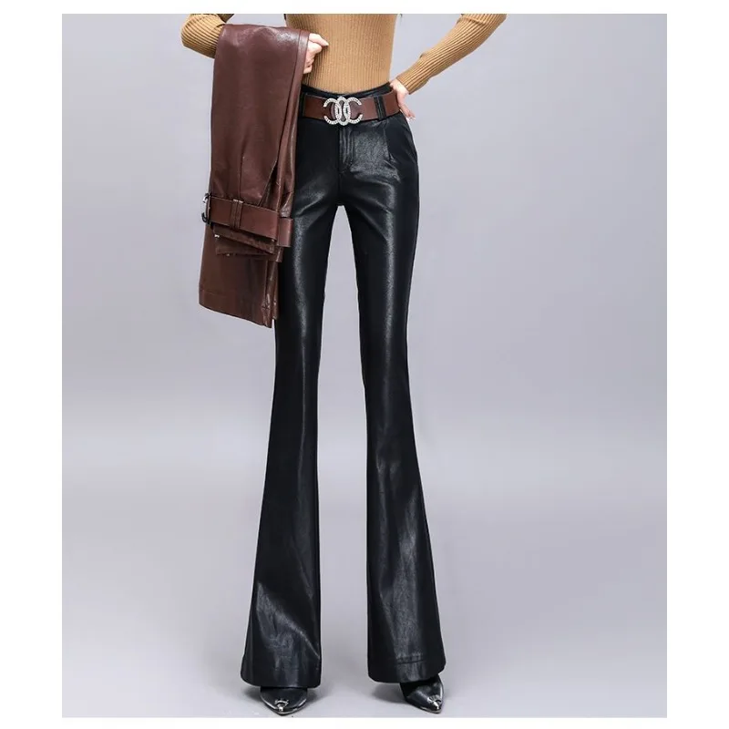 Leather Pants Women in Autumn Winter Plus Velvet High-waisted Bell-bottom Pants Women in Slim Flared Trousers