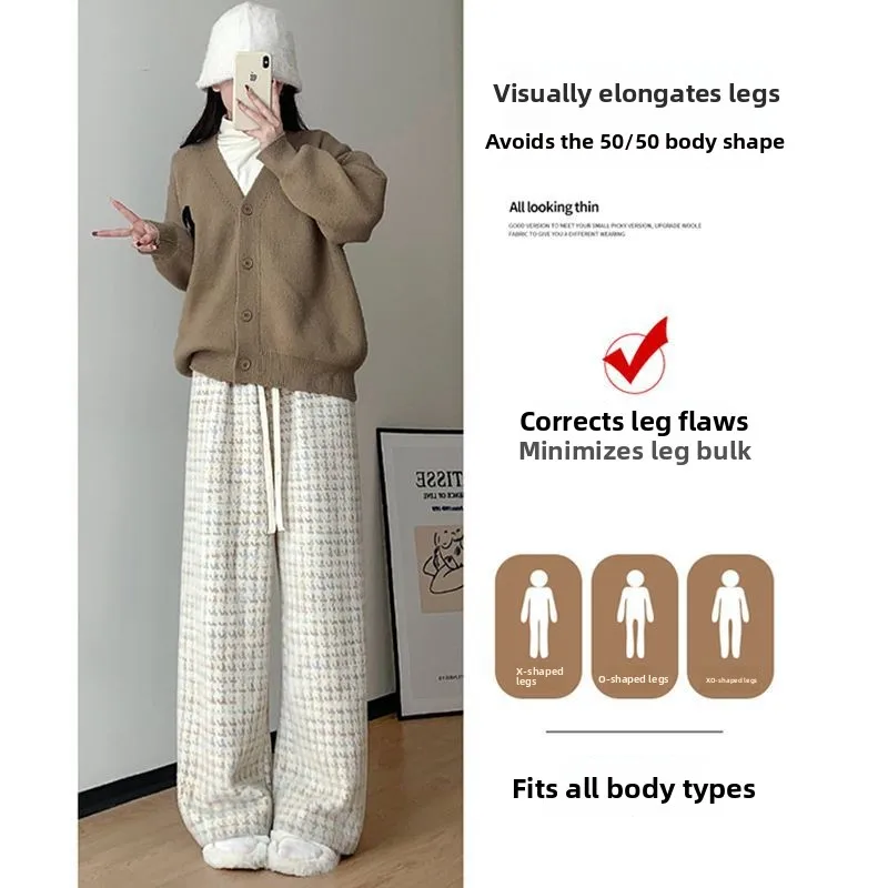 Cintura alta solta ajuste xadrez velo forrado calças de perna larga feminino casual estilo confortável outono inverno nova chegada
