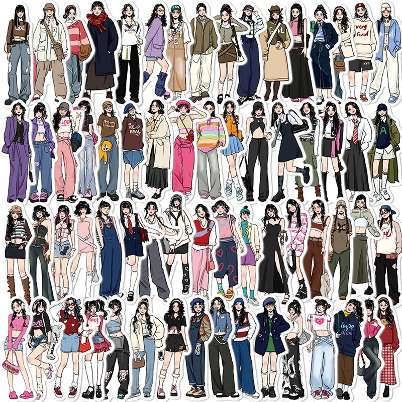 65PCS Fashion Hand-painted Girl Theme Stickers Waterproof DIY Scrapbooking Collage Album Characters Clothing Decoration Stickers