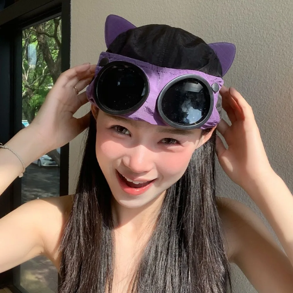 

Pilot Glasses Sunglasses Pilot Hat Cat Ears Color Matching Baseball Hat Reverse Wear Adjustable Sunshade Hat Unisex Camping