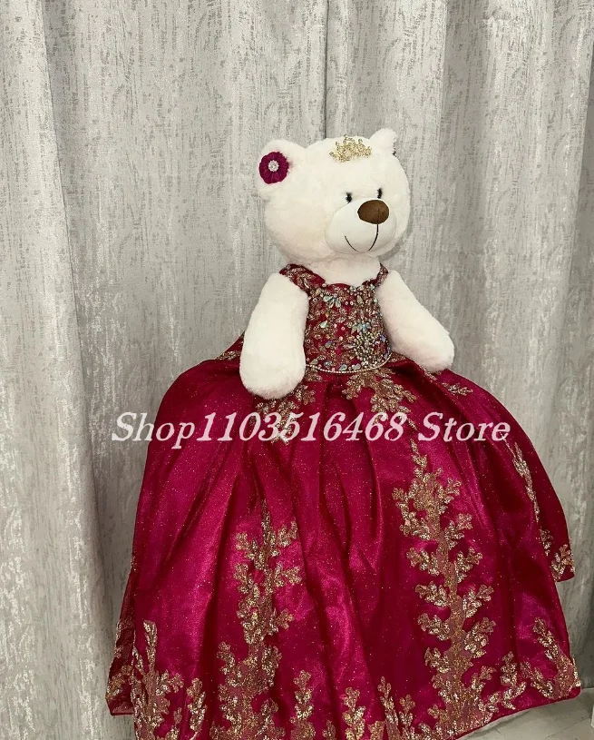 Personalised Quinceanera Teddy Bear Dress Red Glitter Embroidered Sequin Applique Special Links