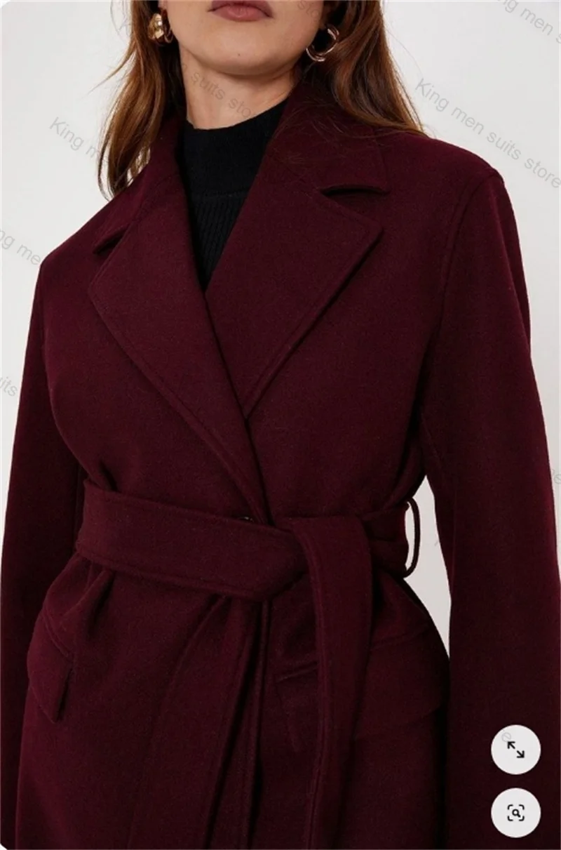 Burgundy Wool Women Suit Long Blazer Belt Cashmere Overcoat Customized Formal Office Lady Wedding Prom Dress Winter Jacket Coat