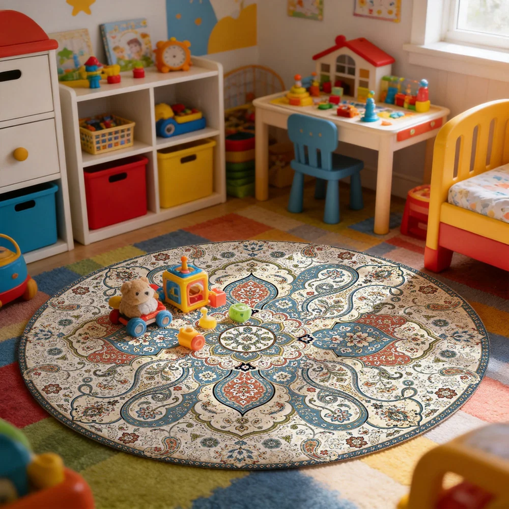 Vintage Moroccan Style Round Area Rug Bohemian Distressed Pattern Living Room Decor Soft Throw Mat