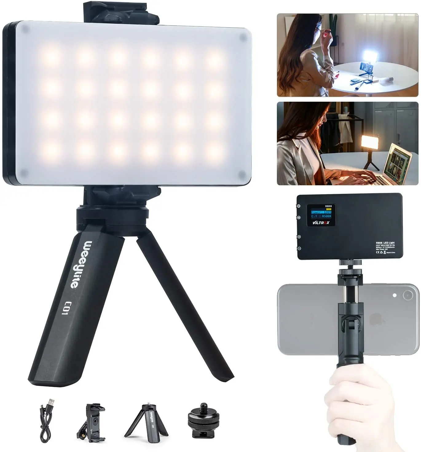 Weeylite RB08P RGB LED Light Full Color Output Camera Video Light Kit Dimmable 2500K-8500K Bi-Color Panel Light with Tripod