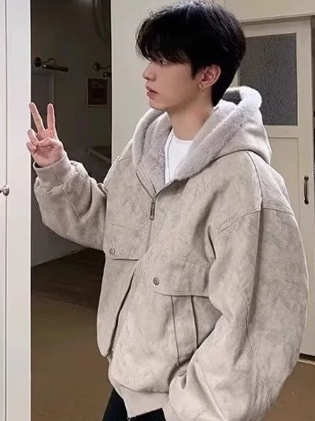 

American Sle Thiened Hooded Cotton Jaet Men's Loose Fce Lined Cotton Coat Trendy Brand Couple Warm PU Leather Cotton...