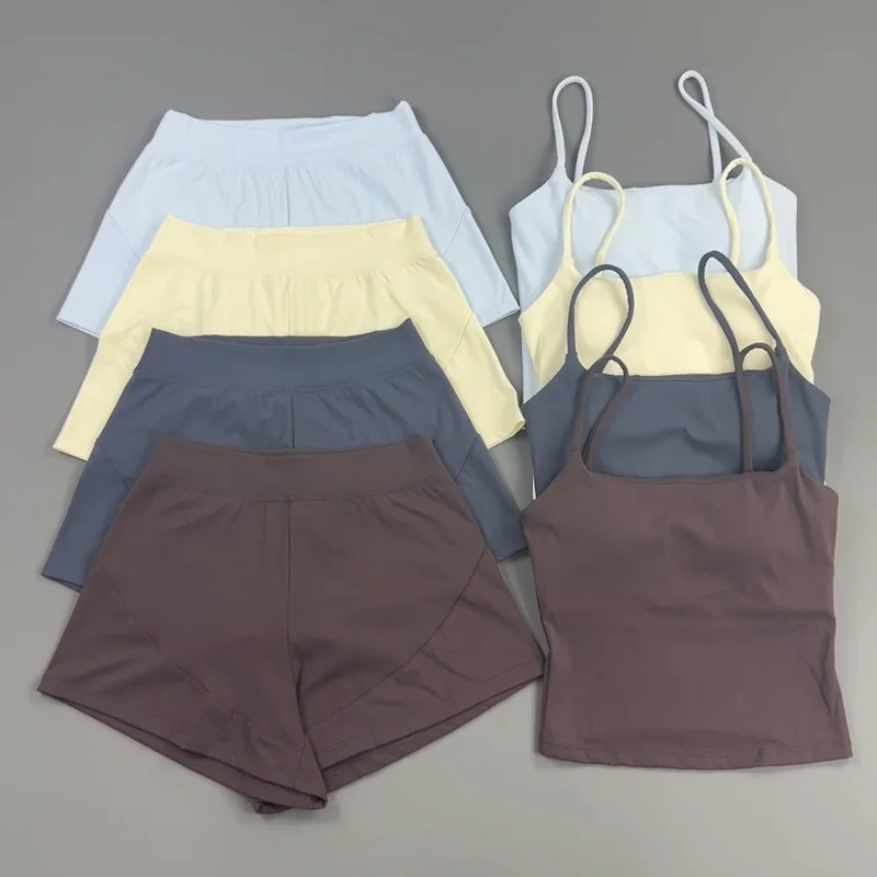 HISTELLO Women 2 Piece Gym Origin Set Thin Strap Crop Top Loose Shorts Suit Soft Stretchy Activewear Pilates Workout Outfit