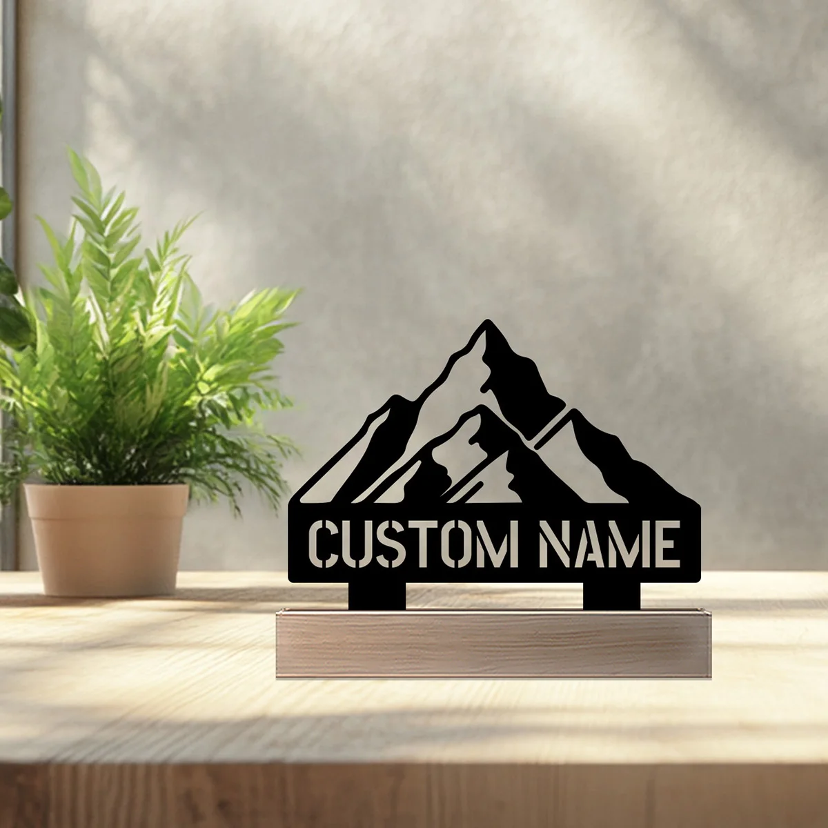 1pc Fashion mountains Customized Name Metal Statue With Wood Base Iron Ornament Metal Sculpture Art Crafts With Wood Base
