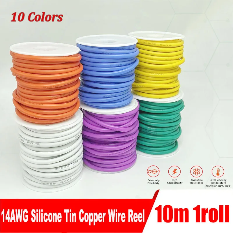 14 AWG silicone wire, 32.8 ft spool, ultra-flexible 14 AWG 10-color twisted wire, 400 * 0.08 mm tinned copper conductors 600V