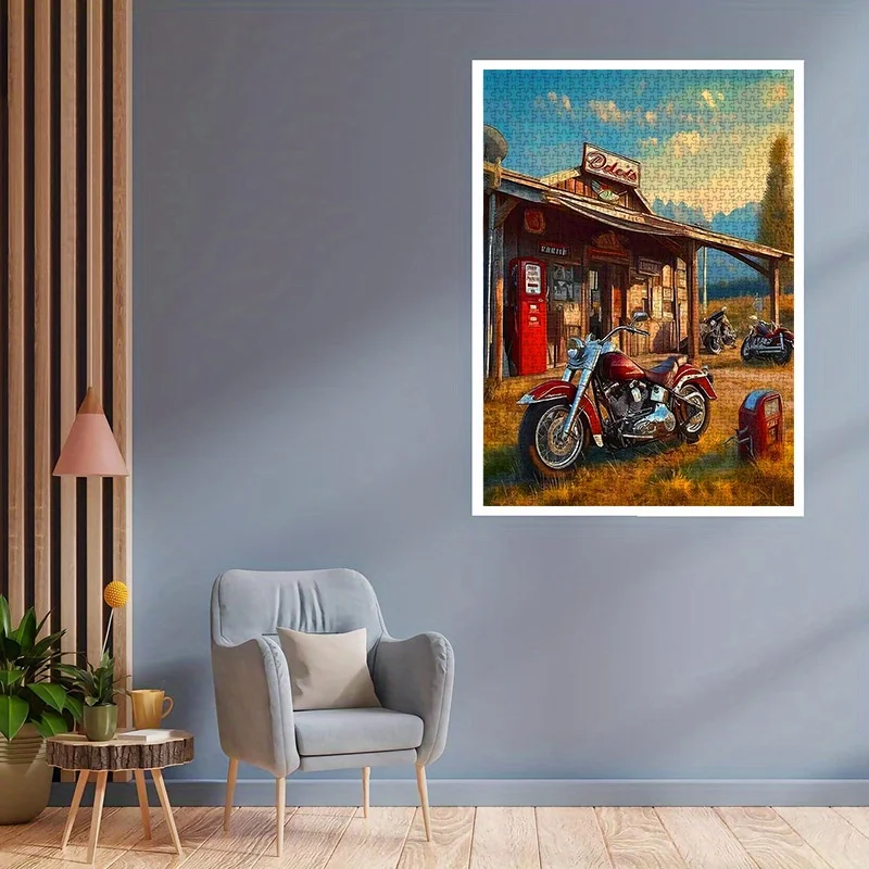 Vintage tankstation met motorfietsen puzzel volwassen retro thema intellectueel spel thuis vrije tijd decoratief puzzelspeelgoed