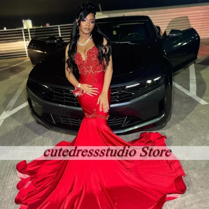 Elegant Red Mermaid Prom Dresses 2025 For Black Girls Crystal Rhinestone Satin Party Dress Long Evening Gowns Customized