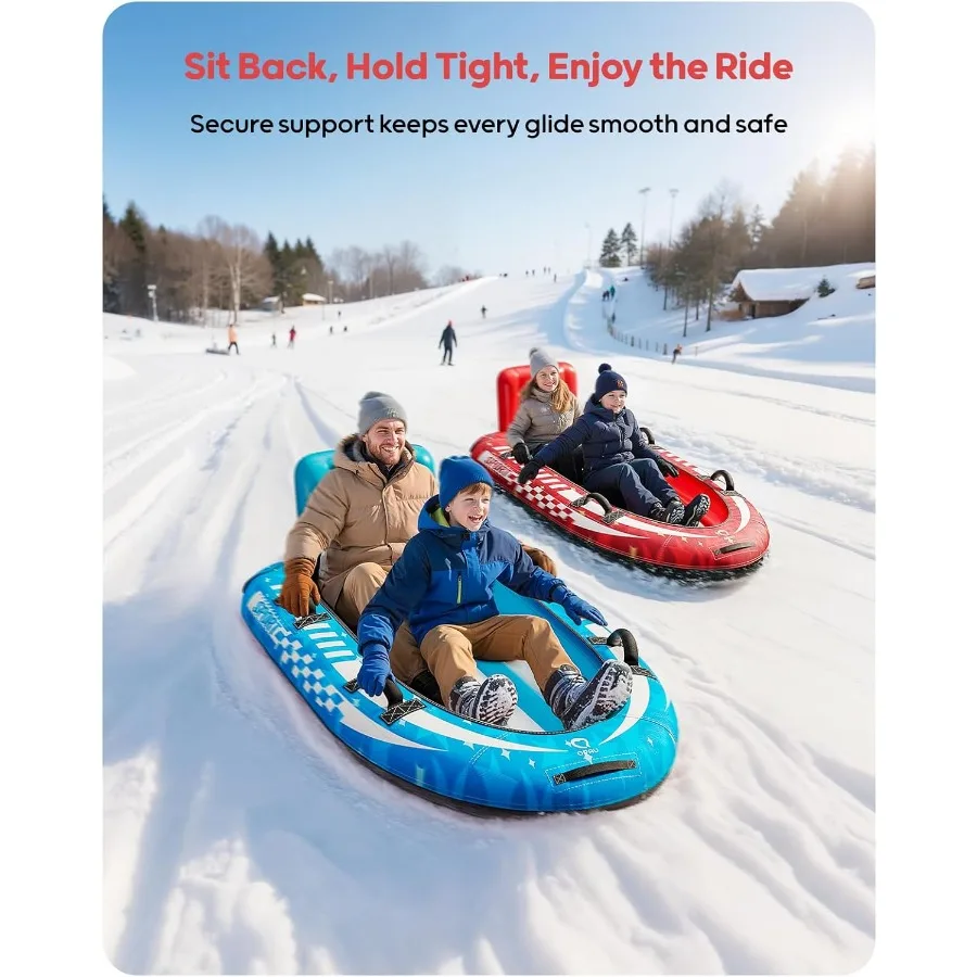 2-Person Inflatable Snow Sled with Premium Canvas Cover, Heavy Duty Sled with Backrest & Reinforced Handles, Snow Tubes for Kids