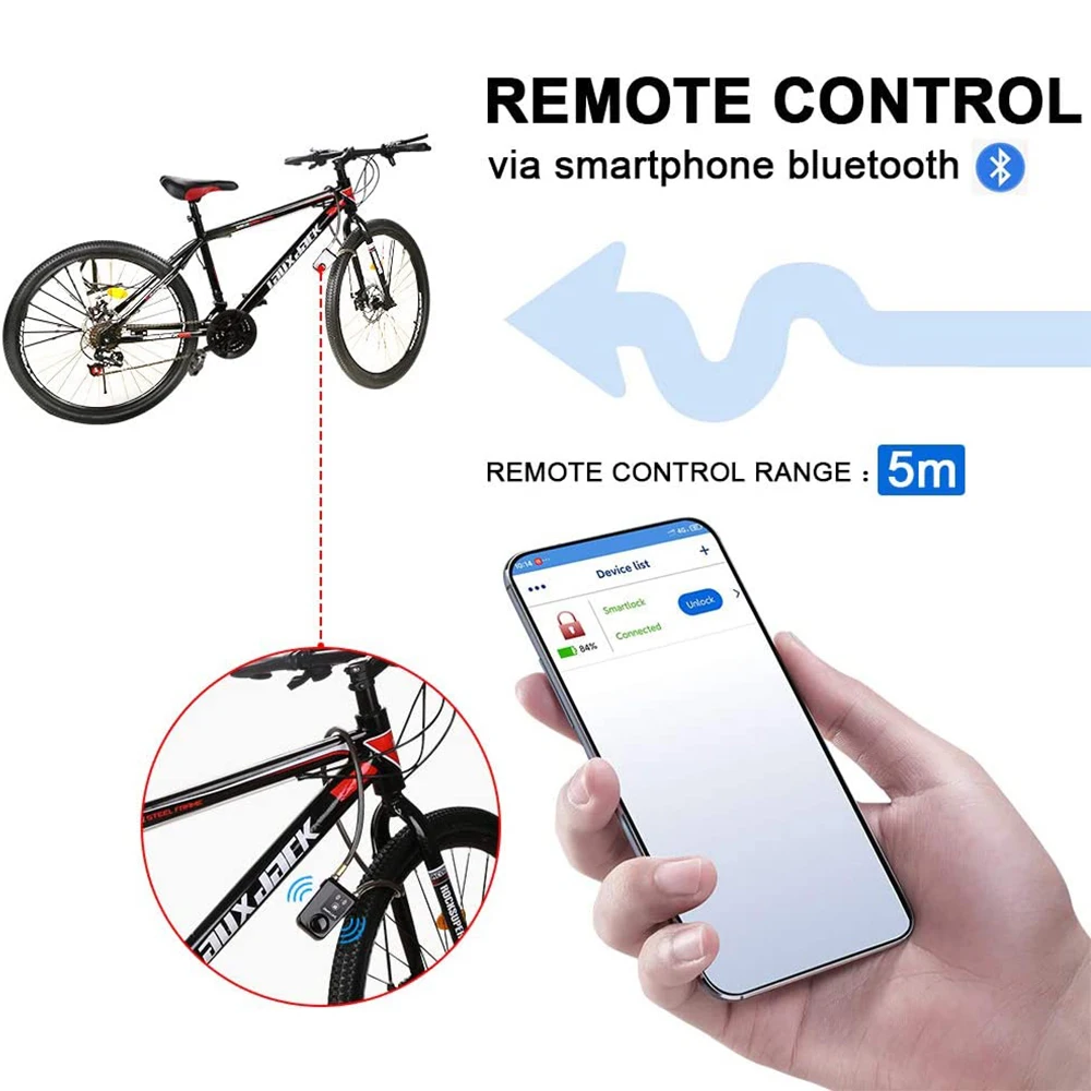 Wsdcam Smart Bike Lock/Bicycle Lock Bluetooth APP Controlled Unlock Bike Alarm Lock 110db Motorcycle Lock Anti Theft Alarm Lock