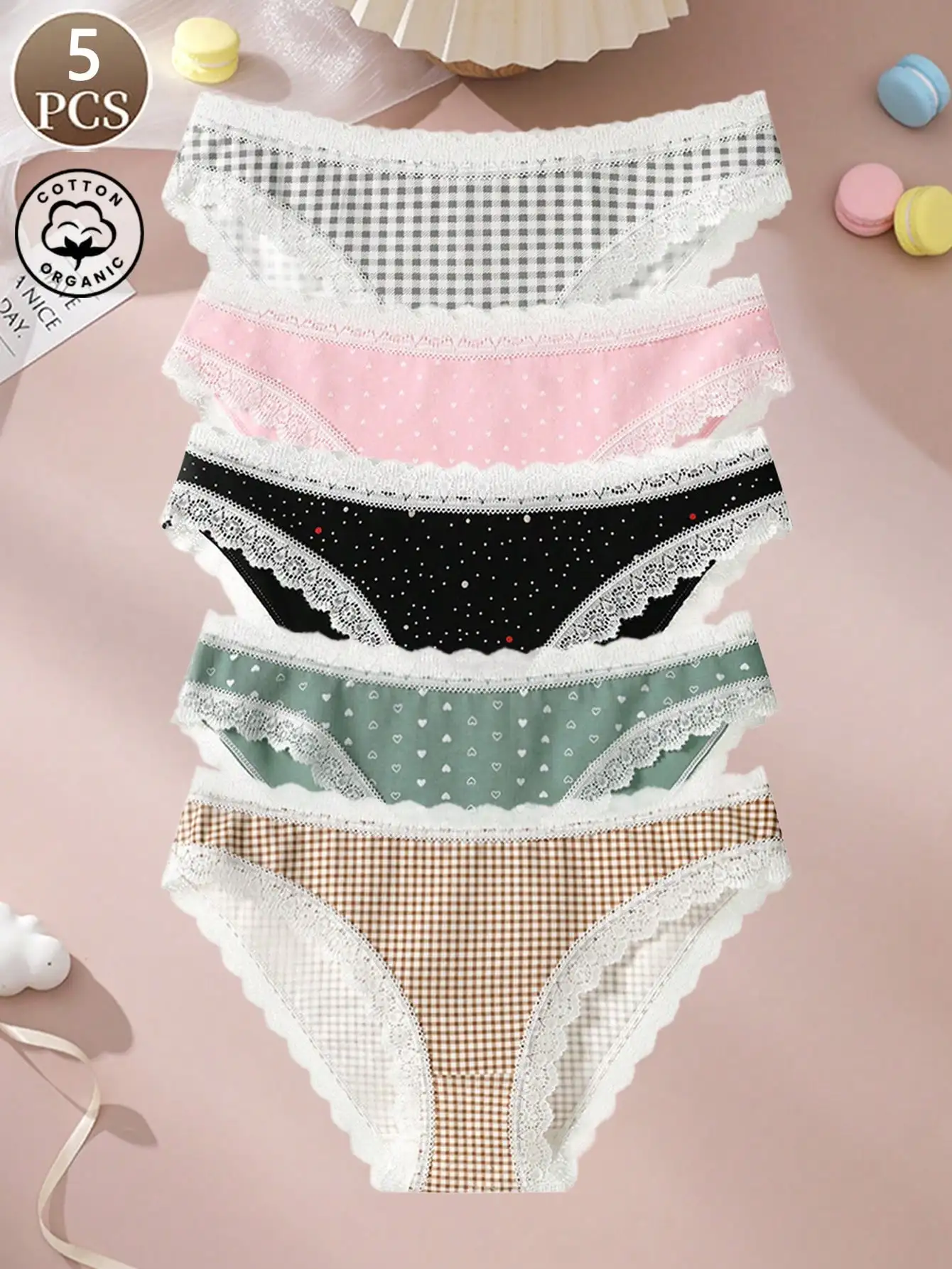 5-piece lace patchwork checkered heart-shaped low-waisted women's briefs, comfortable and soft sports yoga women's underwear