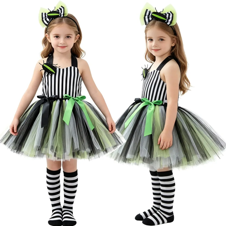 Girls Beetle Dress Up Tutu Dress Striped Tulle Skirt With Headband Socks Kids Halloween Insects Cosplay Party Fancy Dress ZZ12