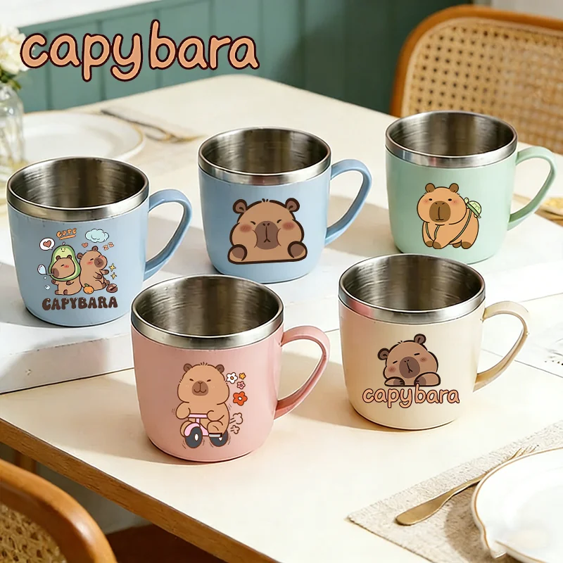 

Capybara Water Cup Double Layer Anti-scalding Drinking Bottles Stainless Steel Milk Mug Cartoon A-Z Printed Mouthwash Cup Gifts