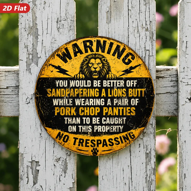 2D Flat, 1pc Warning Lion Sign Round Metal Sign Wall Art, Roaring Lion Head, Home Decor, Distressed Black And Golden, Bold Warni