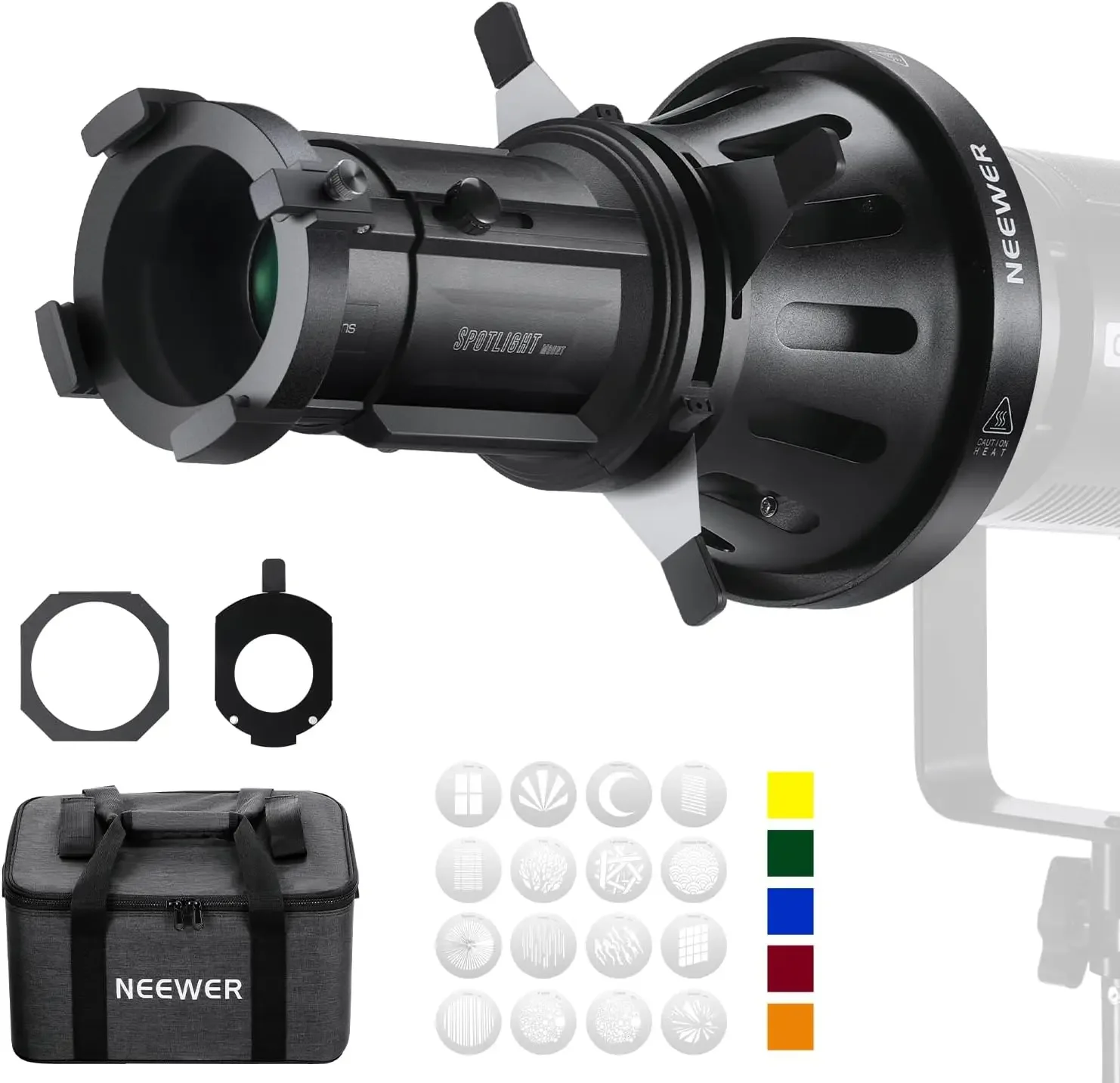 Spotlight Snoot with 40° Projection Lens, Adjustable Focus, 16 Metal Gobos 5 Color Gels, Bag, Conical Snoot for Bowens Mount LED