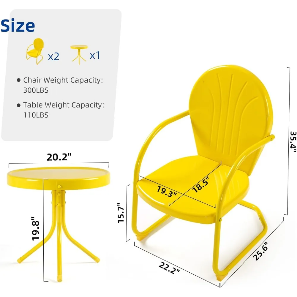 Patio Bistro Set Retro Metal Outdoor Seating Set Conversation Set 3 Pieces, 2 C-Spring Motion Armchairs and Round Side Table, fo