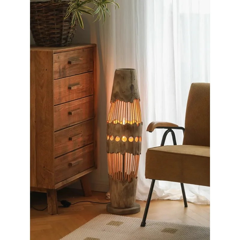

Handmade log hollow living room floor lamp B & B wabi sandy wind retro decorative ornament