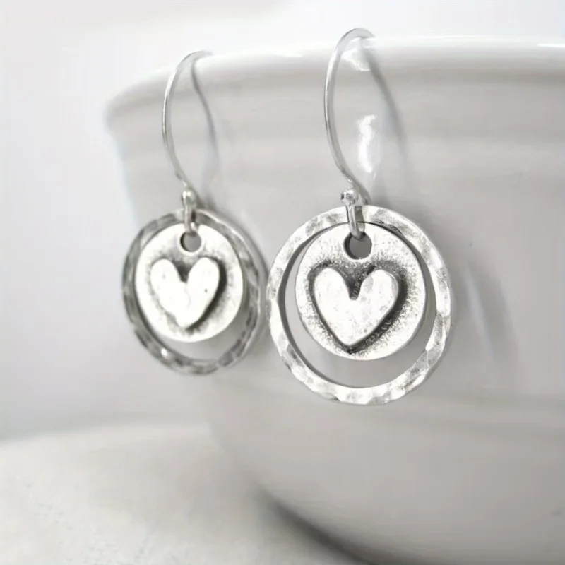 1 Pair of Silver Bohemian Retro Earrings with Heart-shaped Pattern Hollow Design Suitable Daily Wear Party and Vacation Jewelry